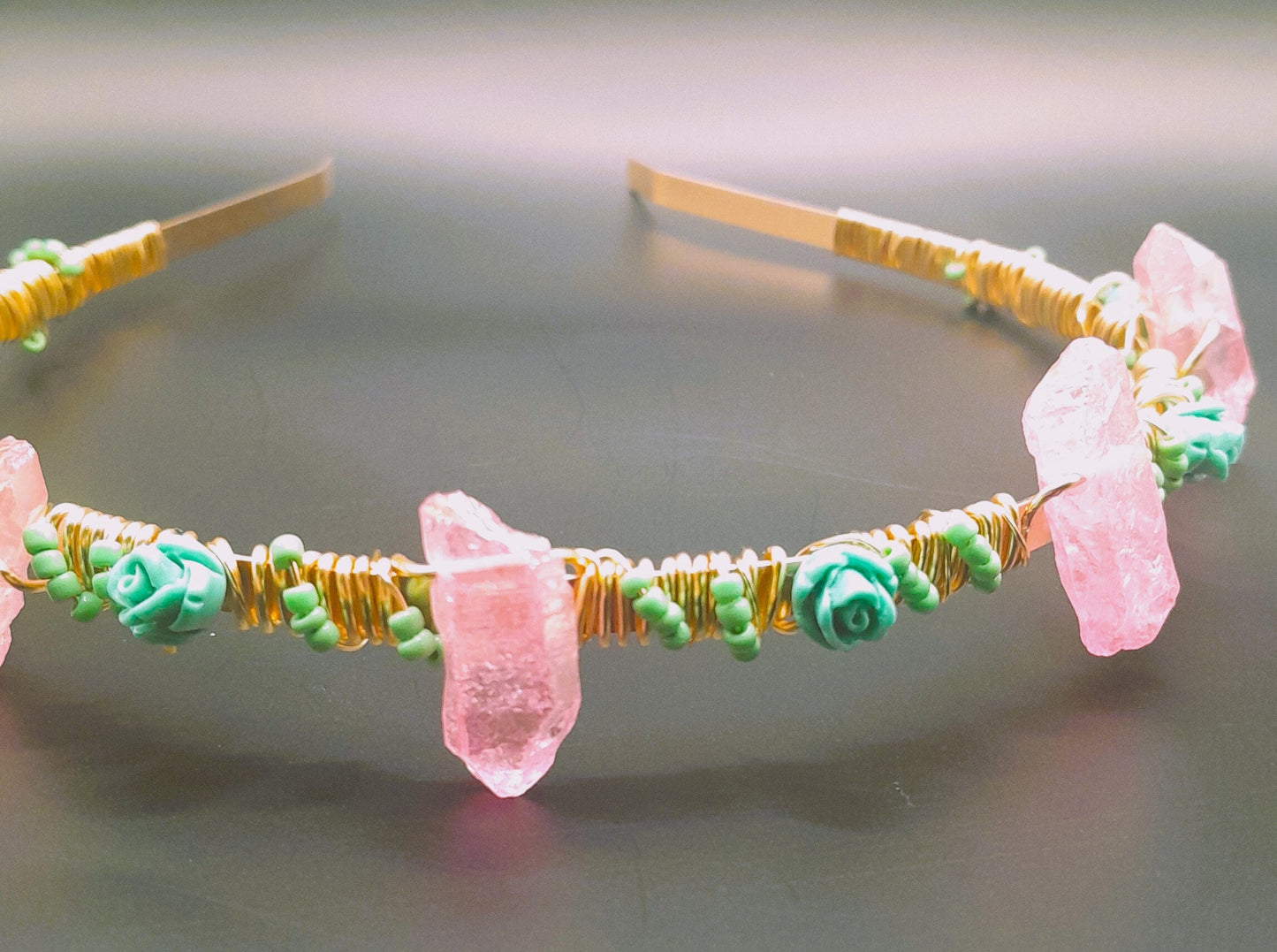 Charolette - Pink Jewelry Crystal with Teal Rose Beaded Hand wire Headband