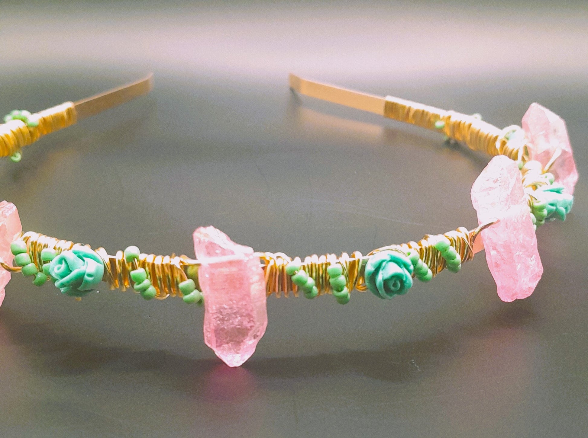 Charolette - Pink Jewelry Crystal with Teal Rose Beaded Hand wire Headband