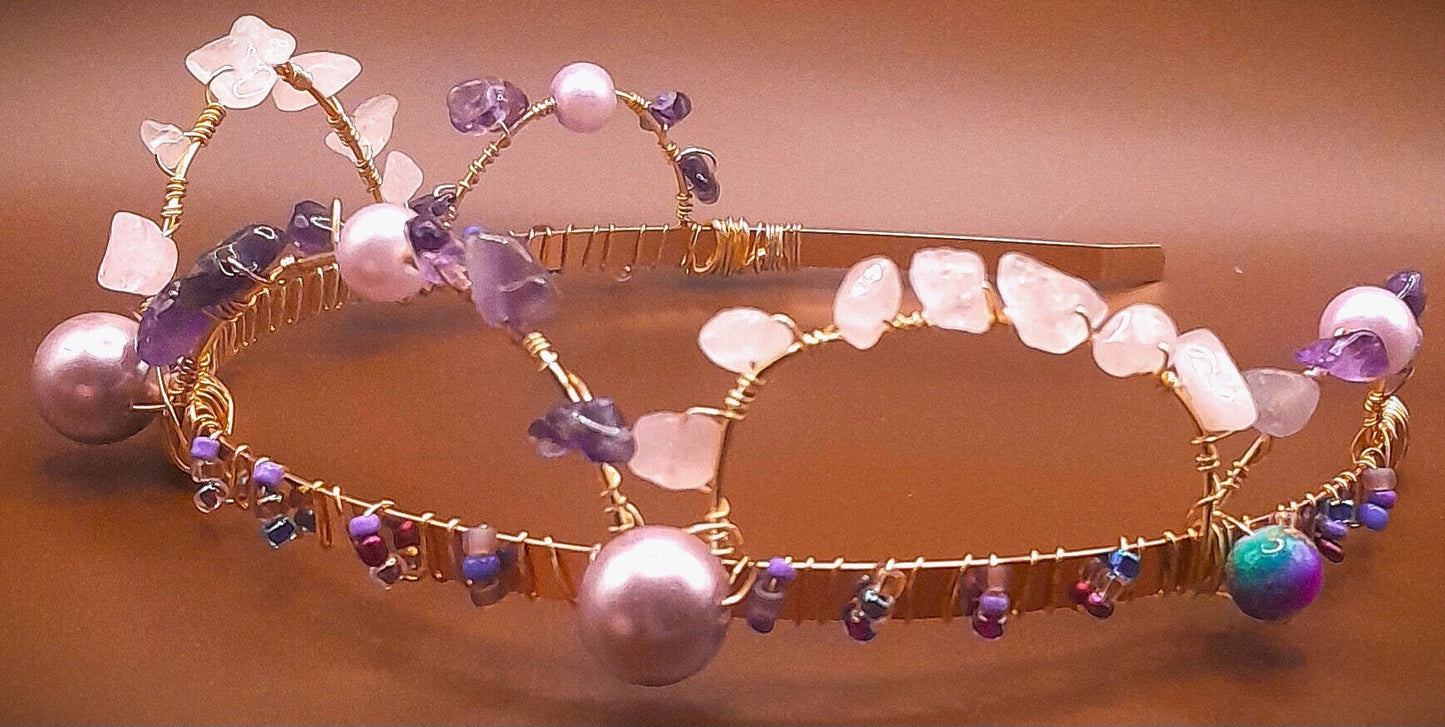 Catalina - Rose Quartz and Amethyst Stones Hand wired onto Purple Beaded Gold Headband