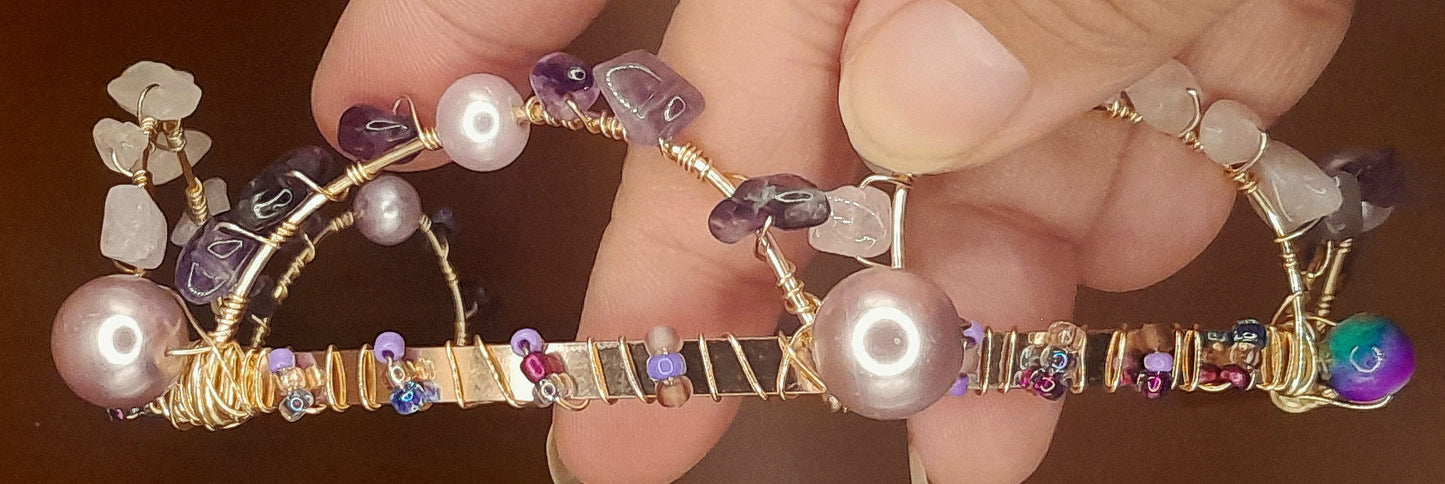 Catalina - Rose Quartz and Amethyst Stones Hand wired onto Purple Beaded Gold Headband