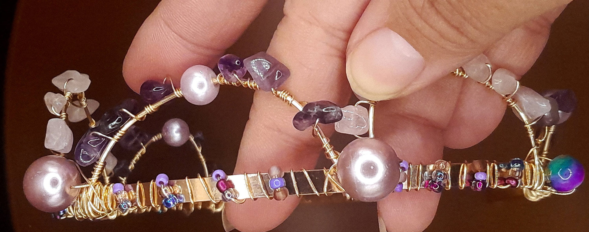 Catalina - Rose Quartz and Amethyst Stones Hand wired onto Purple Beaded Gold Headband