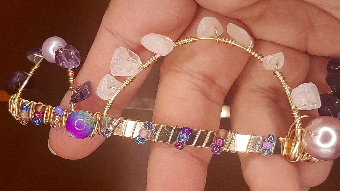 Catalina - Rose Quartz and Amethyst Stones Hand wired onto Purple Beaded Gold Headband