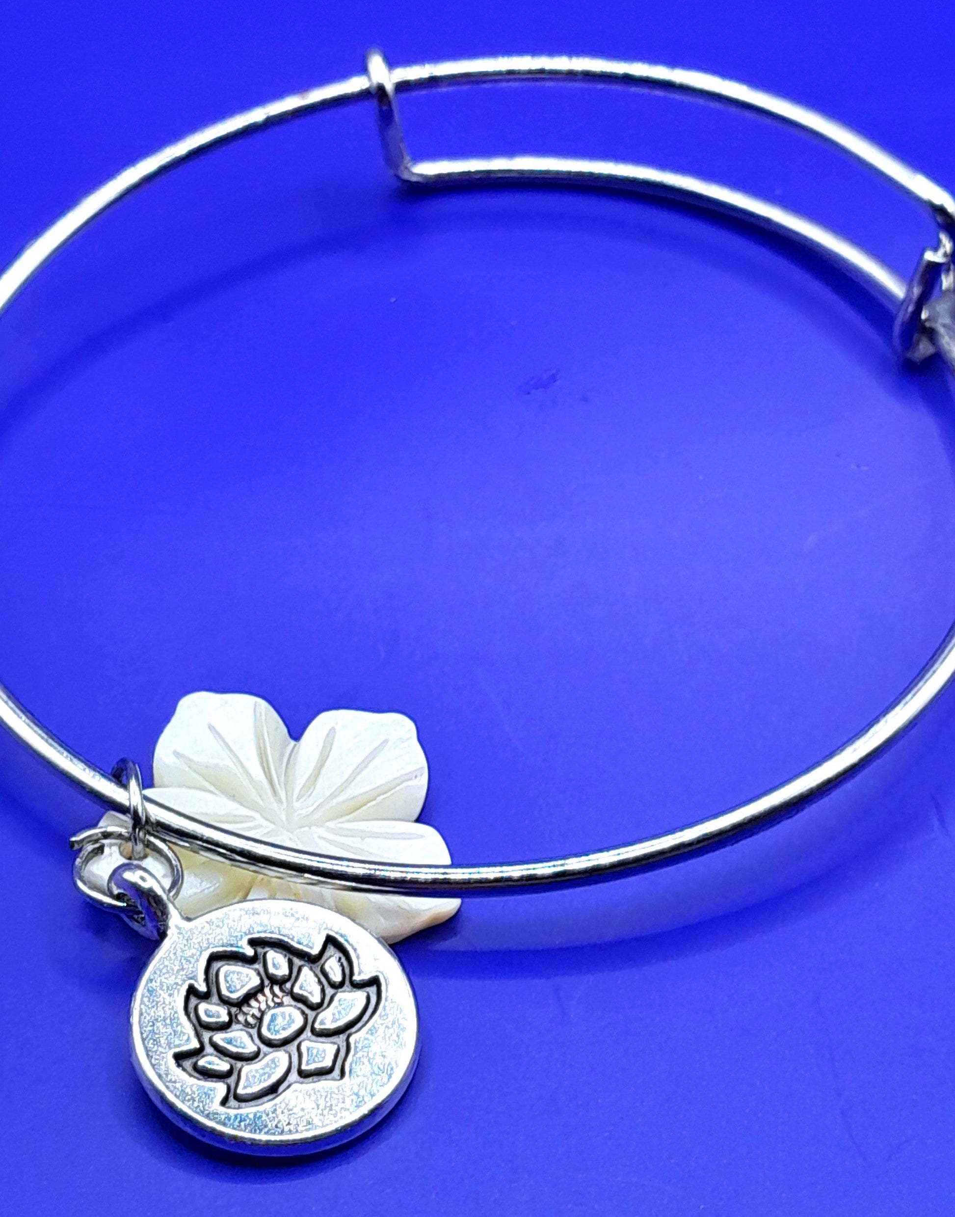 Padma - White Lotus Charm on Silver Adjustable Bangle Bracelet