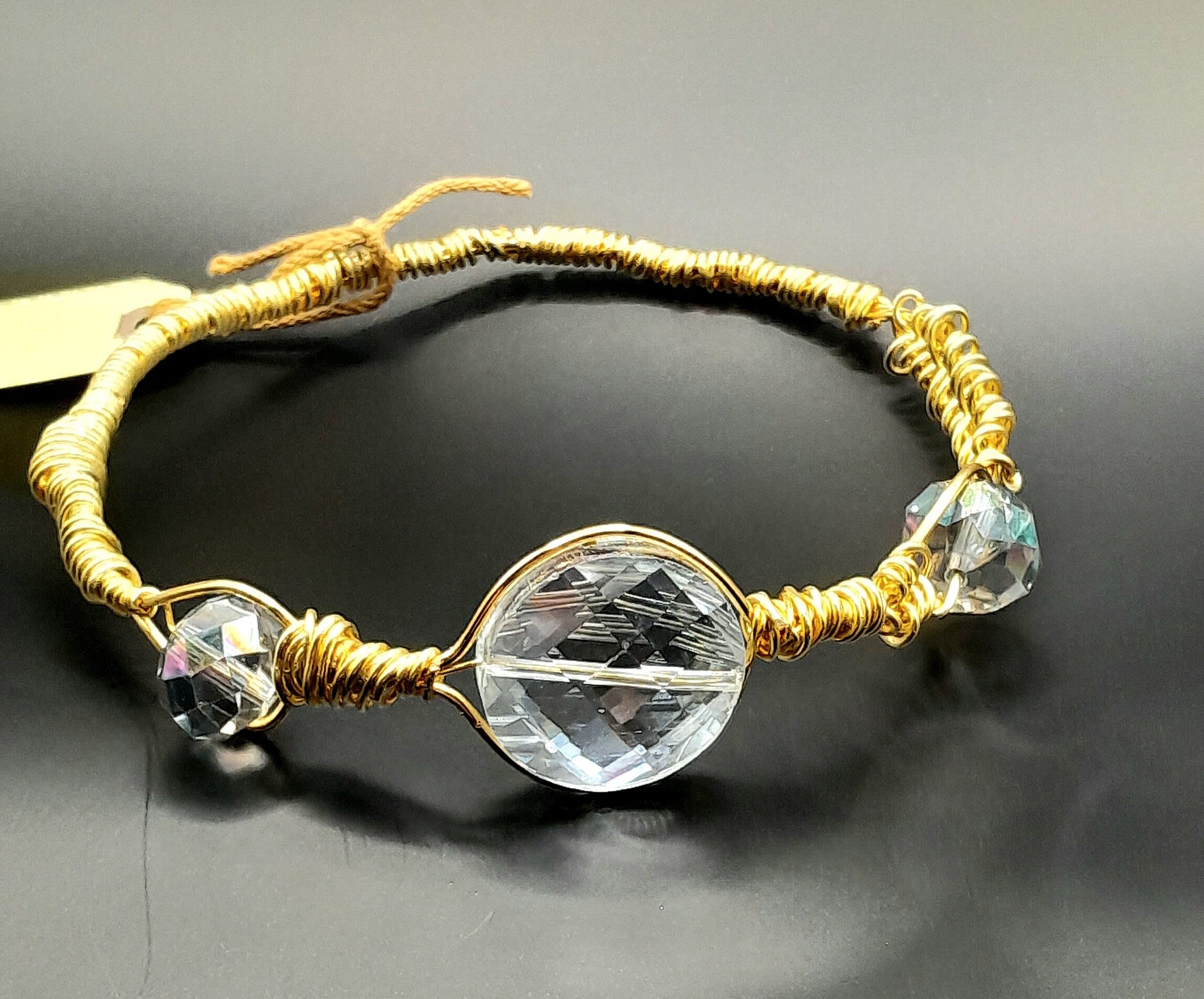 Crystal - Clear Crystal Beaded Hand Wired on Gold Bangle Bracelet