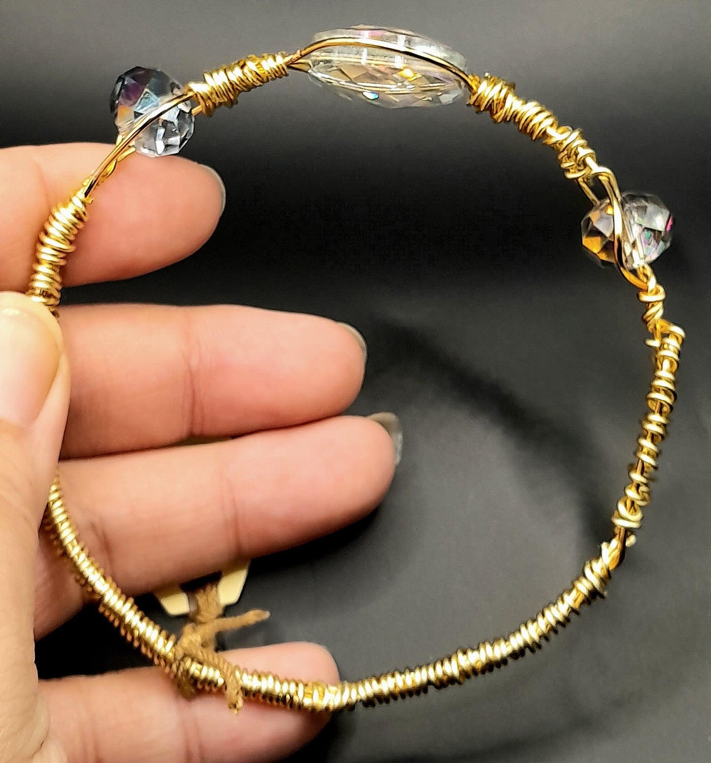 Crystal - Clear Crystal Beaded Hand Wired on Gold Bangle Bracelet